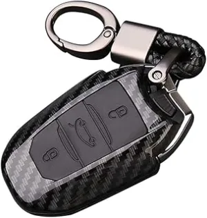 61FzfJfh4kL._AC_UL320_.jpg غطاء لمفتاح السيارة من ABS والياف الكربون والسيلكون مع سلسلة للمفاتيح هابيتي، بثلاث ازرار، متوافق مفتاح سيارة بيجو 301 308 408 508 2008 3085 3008 307 206 (لون اسود)، بلاستيك