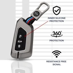 Skoda-Volkswagen Metal Alloy Key Cover with Keychain جراب مفتاح معدنى 3 زرار بصمة متوافق مع موديلات سكودا كودياك Golf /Passat /Tiguan /Skoda